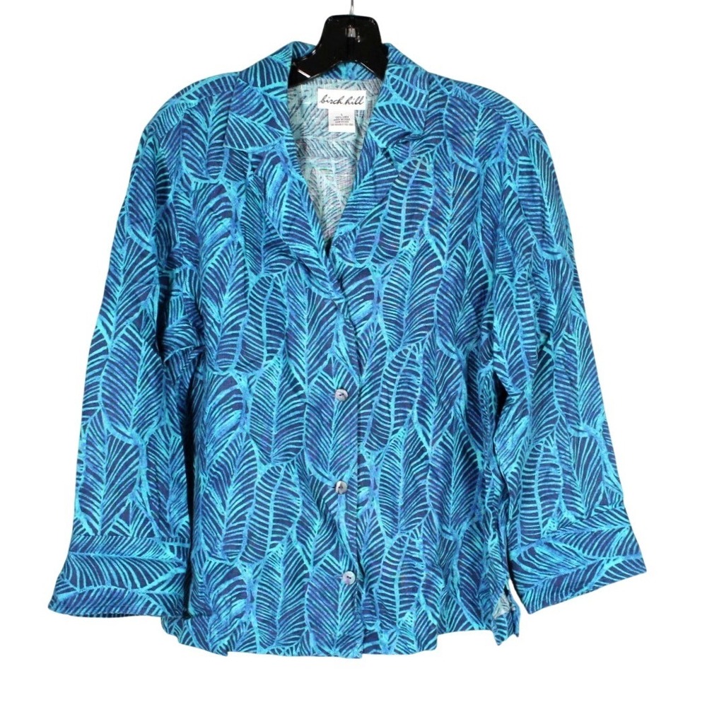 BIRCH HILL Teal TROPICAL LEAF Button-Up ROLLED CUFFS Midweight LINEN Shirt/Top L